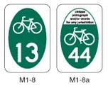 any logo including trail branding. This complete sign system helps bicyclists get to destinations throughout the city and provides guidance to and along named bicycle routes including trails.