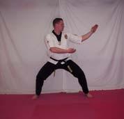 Right foot half moon to right into right fighting double knife hand strike 4. Step forward to left forward with left Kiai on 1, 8 & 21 5.