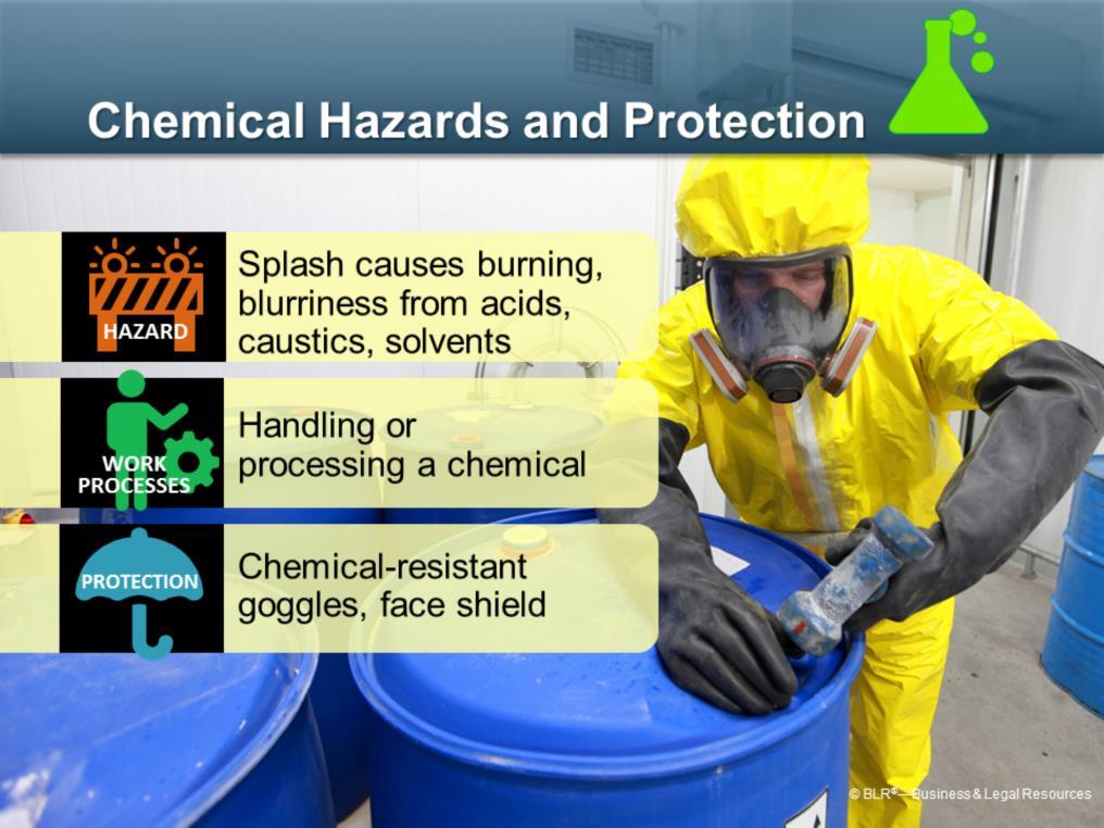 Chemical hazards to your eyes are a significant concern if you work with chemicals. Virtually any kind of chemical can injure your eyes.