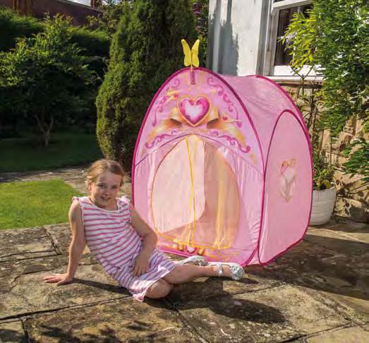 Ideal for play indoors or outdoors. Fast and easy to set up. 1 Play tent with poles. Tent dimensions: L:100cm W:70cm H:110cm.