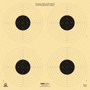 4 Targets: The Villages Air Gun Club uses the approved NRA 10 Meter targets for both pistol and rifle. In pistol, B-40 Target with 4 bull s eyes, 5 shots per bull, 20 shots total for score.