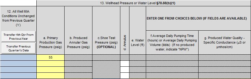 Step 5: Fill out Section 13 Wellhead Pressure or Water Level for Q1.