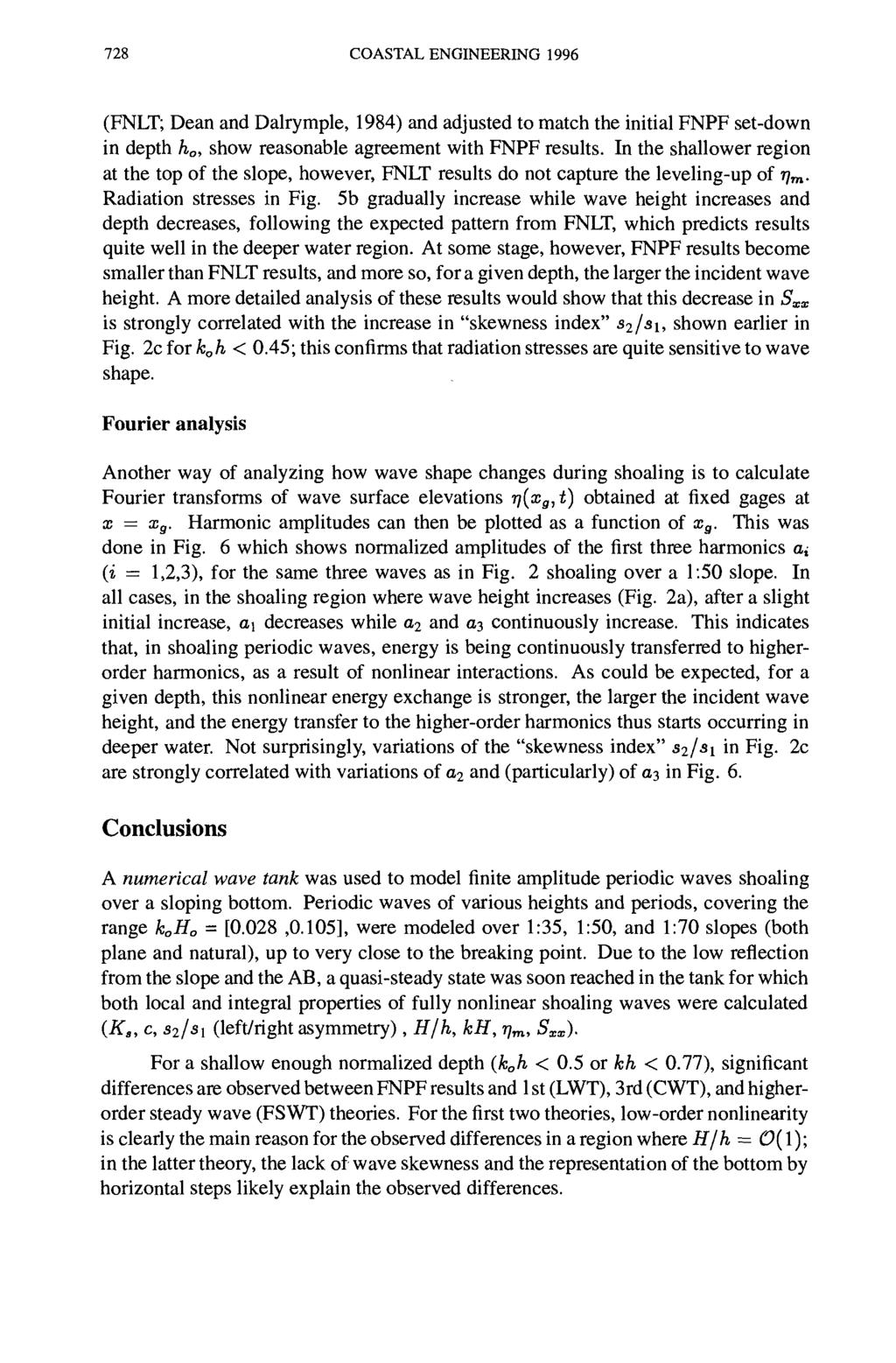 728 COASTAL ENGINEERING 1996 (FNLT; Dean and Dalrymple, 1984) and adjusted to match the initial FNPF set-down in depth h 0, show reasonable agreement with FNPF results.