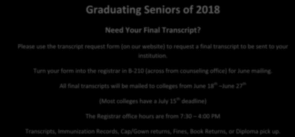 Seniors, the end of the year survey is now open and can be found under the ABOUT ME tab in your Naviance account. Look for Class of 2018 Senior Exit Survey.