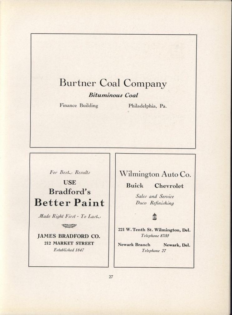 Burtner Coal Company Finance Building Bituminous Coal Philadelphia, Pa. For Best Results USE Bradford's Better Paint Wilmington Auto Co.