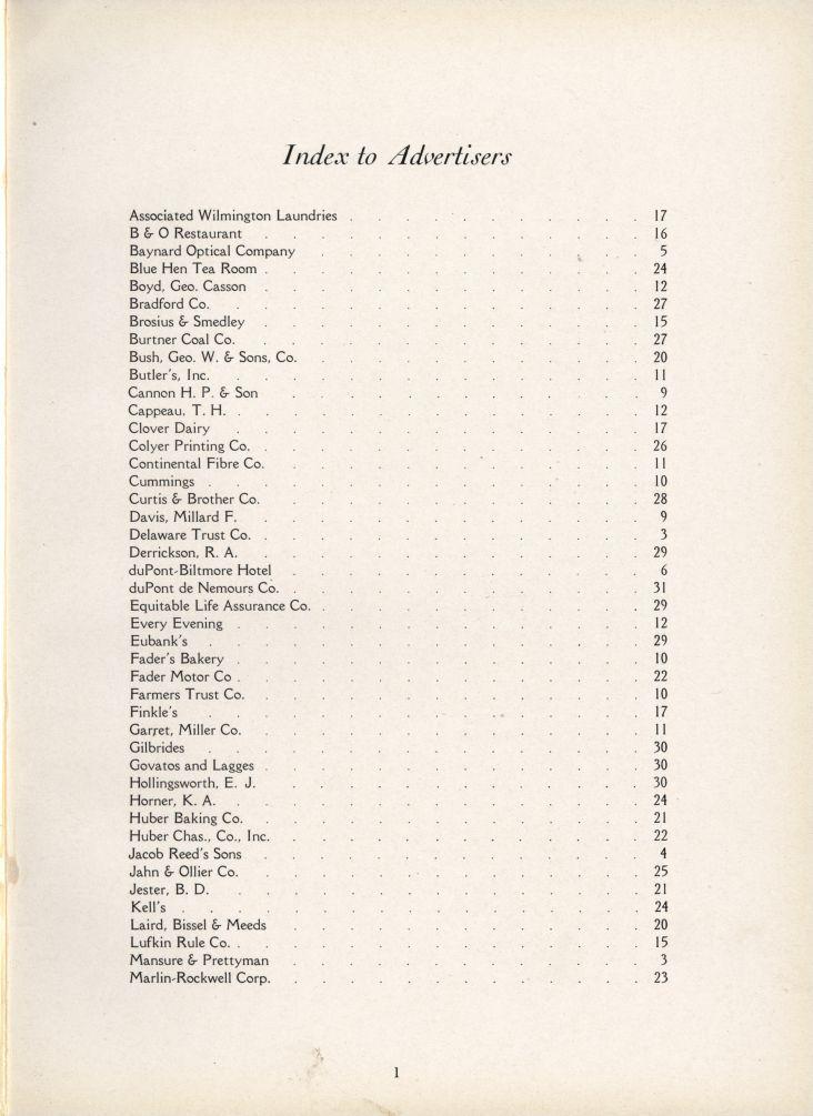 Index to Advertisers Associated Wilmington Laundries... 17 B & O Restaurant.. 16 Baynard Optical Company.. 5 Blue Hen Tea Room.. 24 Boyd, Geo. Casson.. 12 Bradford Co.. 27 Brosius & Smedley.