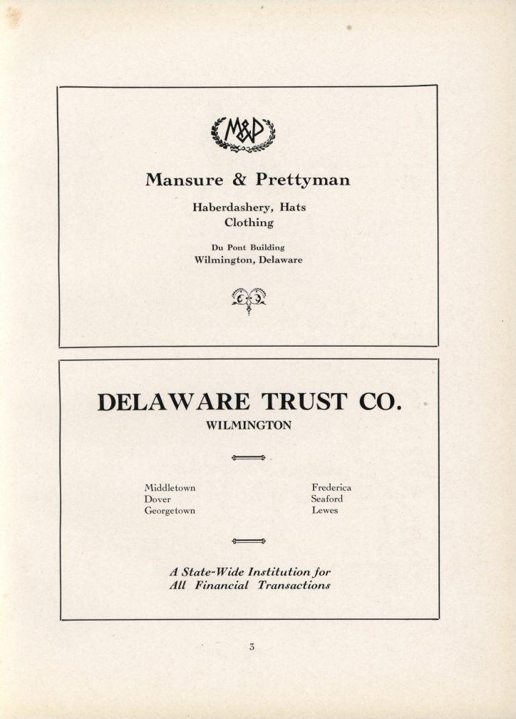 Mansure & Prettyman Haberdashery, Hats Clothing Du Pont Building Wilmington, Delaware DELAWARE TRUST CO.