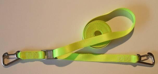 ADJUSTABLE LADDER STRAP Accredited to: Length: N/A 25mm Polyester webbing 80mm Spring Snap Captive Karabiners Alloy Camlok Device 80g 3m 2:1 pull ratio configuration Day glow Hi Viz webbing LADDER