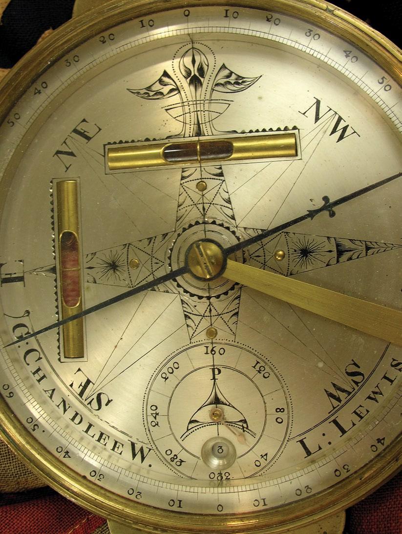 Goldsmith Chandlee engraved compass dial with inset bubble level, outkeeper dial and counter. LT (Links and Tenths) calculating table is engraved on the arm (see opening photo).