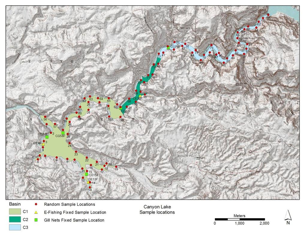 Figure 4. Aerial map of Canyon Lake showing the upper (light blue), middle (teal), and lower (light green) sub-basins of the lake.