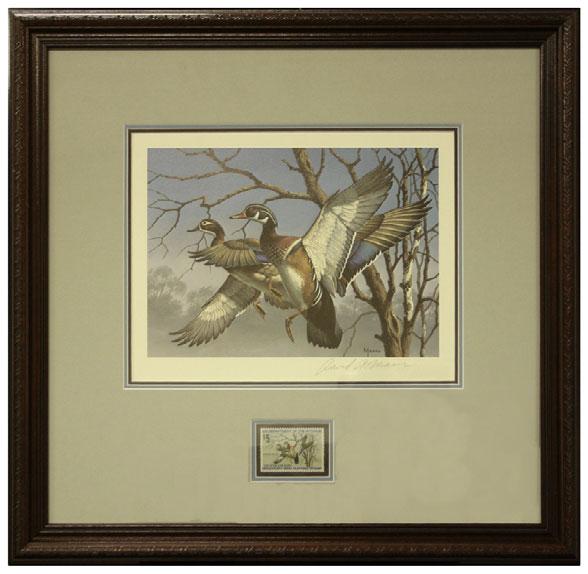 right, attractively matted and framed, desirable signed print for the design of the $5.00 1973 Hunting Permit (RW40)... E.