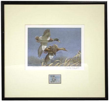 Multicolored print signed Ken Michaelson in pencil and numbered AP/373/600, multicolored remarque at bottom, with initialled KM, attractively matted and framed, scarce signed print for the design of