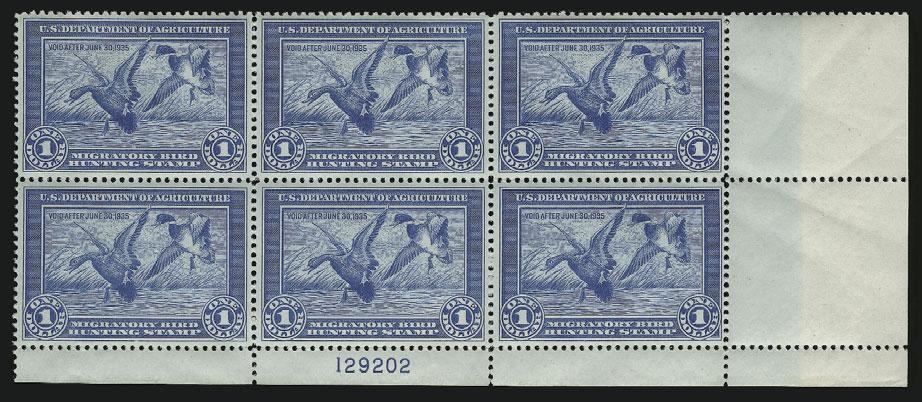 FEDERAL HUNTING PERMIT PLATE BLOCKS 5057 5057 wwa $1.00 1934 Hunting Permit (RW1). Mint N.H. bottom right plate no.
