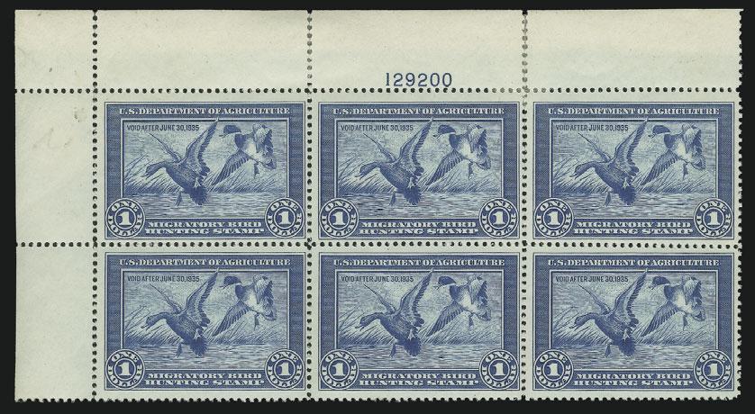 A BEAUTIFUL MINT NEVER-HINGED PLATE BLOCK OF THE FIRST FEDERAL DUCK STAMP.... A true condition rarity.... 16,500.00 5058 5058 wa $1.00 1934 Hunting Permit (RW1). Top right plate no.