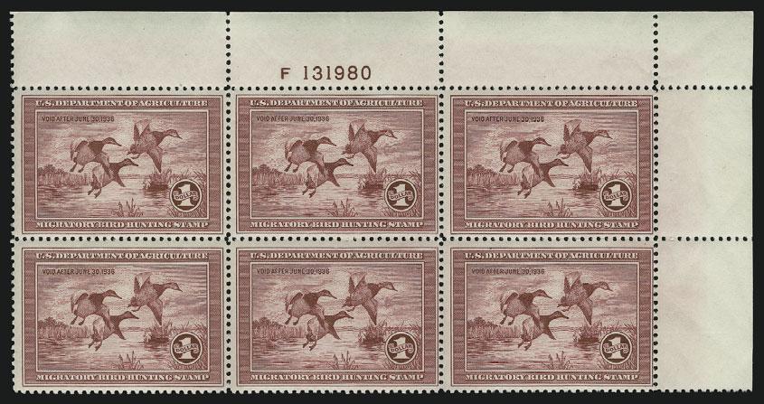 5059 5059 wwa $1.00 1935 Hunting Permit (RW2). Mint N.H. top right plate no. block of six, deep rich color, usual light natural gum skips and bends... FINE-VERY FINE.