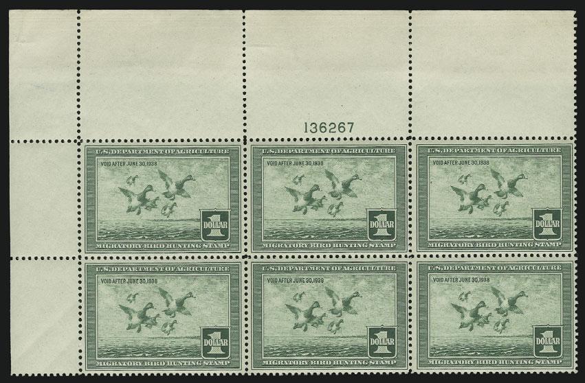 .. VERY FINE-EXTREMELY FINE MINT NEVER-HINGED PLATE BLOCK OF THE $1.00 1937 HUNTING PERMIT ISSUE.