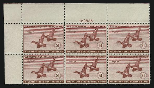5078 5078 wa $1.00 1943 Hunting Permit (RW10). Top left and bottom left plate no. blocks of six, first lightly hinged in ungummed part of selvage, second Mint N.H., bright colors, natural gum skips and bends, fresh and Fine-Very Fine.