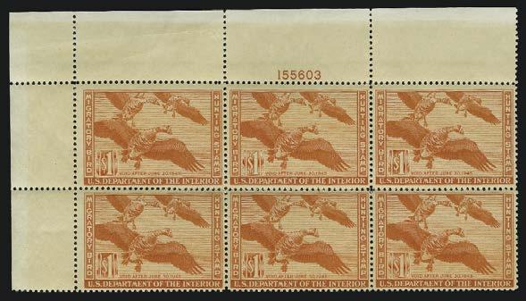 00 1944 Hunting Permit (RW11). Mint N.H. top left plate no. block of six, vibrant color, well-balanced margins, natural gum skips and bends, Extremely Fine... 650.