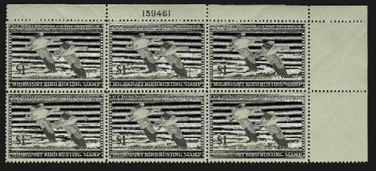 158457 blocks of six, fresh color, lightly hinged in either top center selvage or top center stamp, usual natural gum skips and bends, Very
