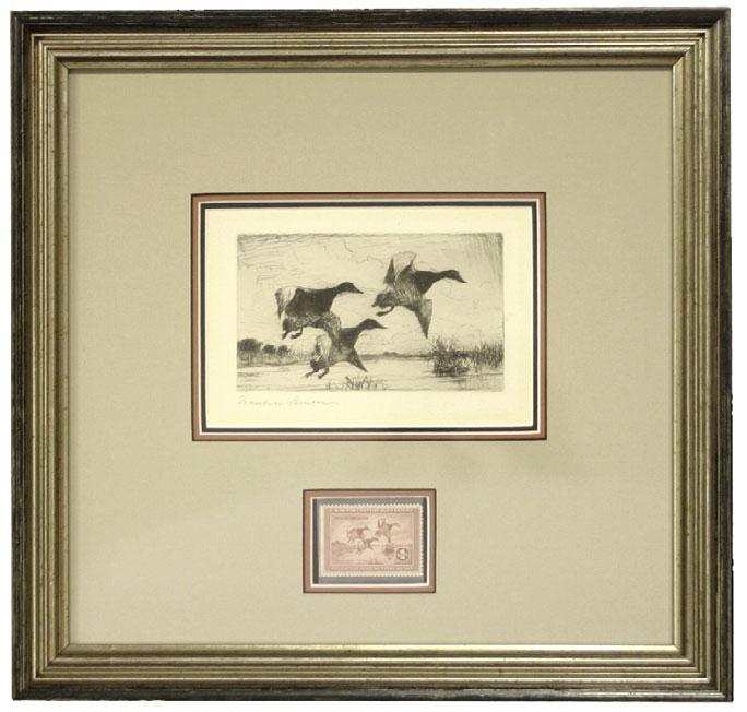 5002 5002 Canvasbacks Taking to Flight. Etching, signed Frank W. Benson in pencil at bottom left, image area 125 x 75mm, framed and matted with issued stamp $1.