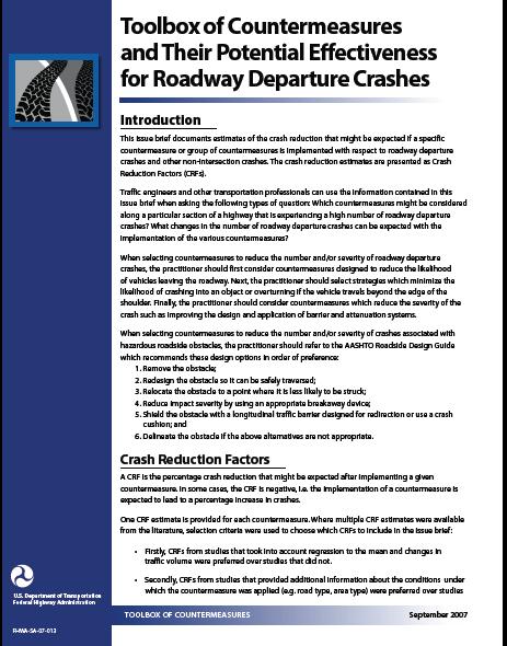 Toolbox of Countermeasures 14 Page summary Road Departure Crashes http://www.