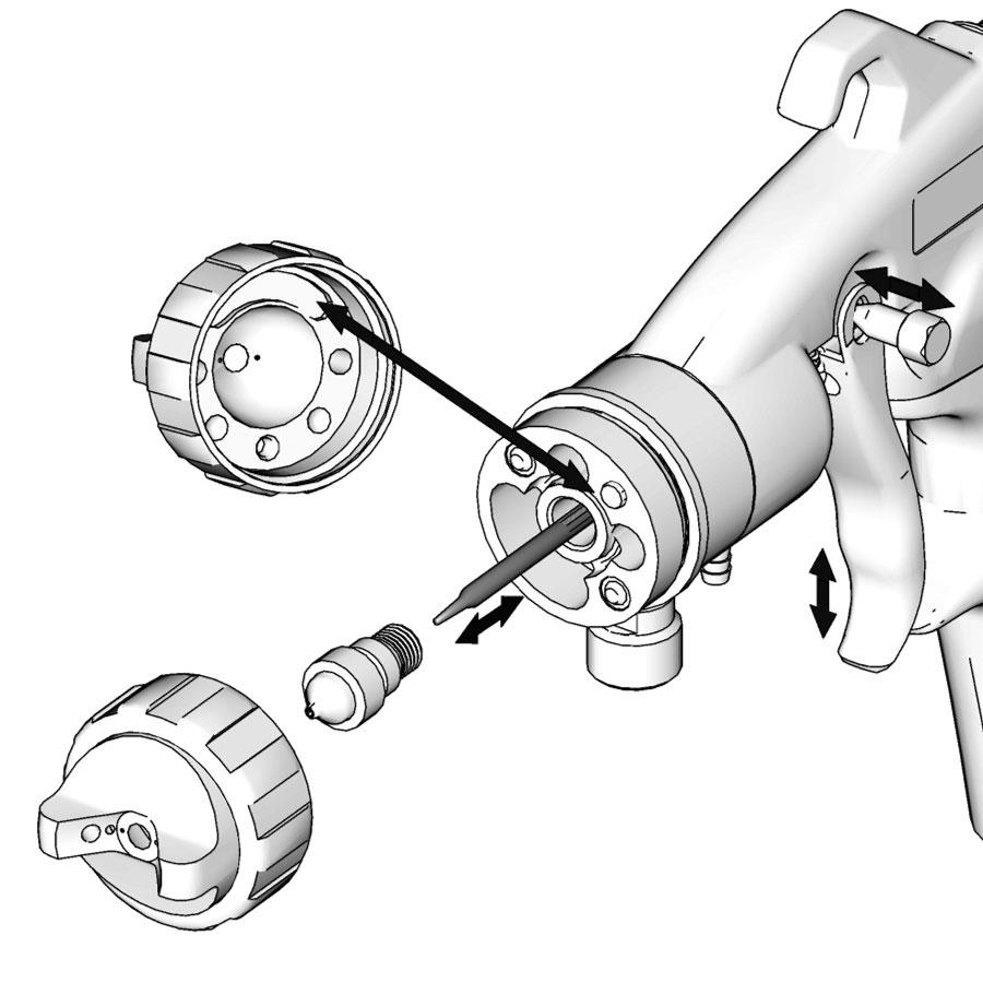 Insert needle (3). 2. Install fluid nozzle (2). 3. Push trigger slide (4) over to SPRAY position (E) shown in Component Identification, page 3. 4. Install air cap.