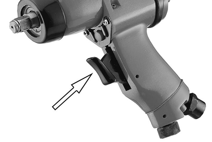 OPERATION OPERATING THE IMPACT WRENCH 1. Locate the socket over the nut to be tightened or loosened. 2. Squeeze the trigger to start the wrench. 3. Release the trigger switch to stop the wrench.