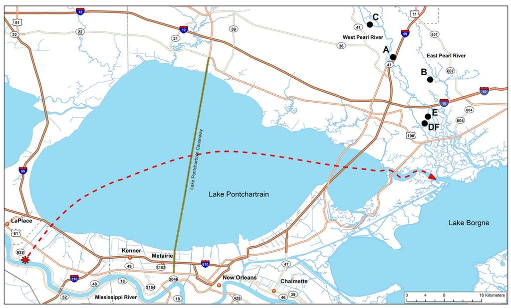 Bigheaded carp occurrence in Pearl River, LA-MS Figure 2. Location of bigheaded carp sampling stations (A F) in the lower Pearl River drainage.