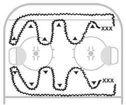 Coast on both skates. Jump at center. Take off on two feet and land on two feet. b. Coast on both skates. Jump red line, turn 180 degrees in air and land backwards.