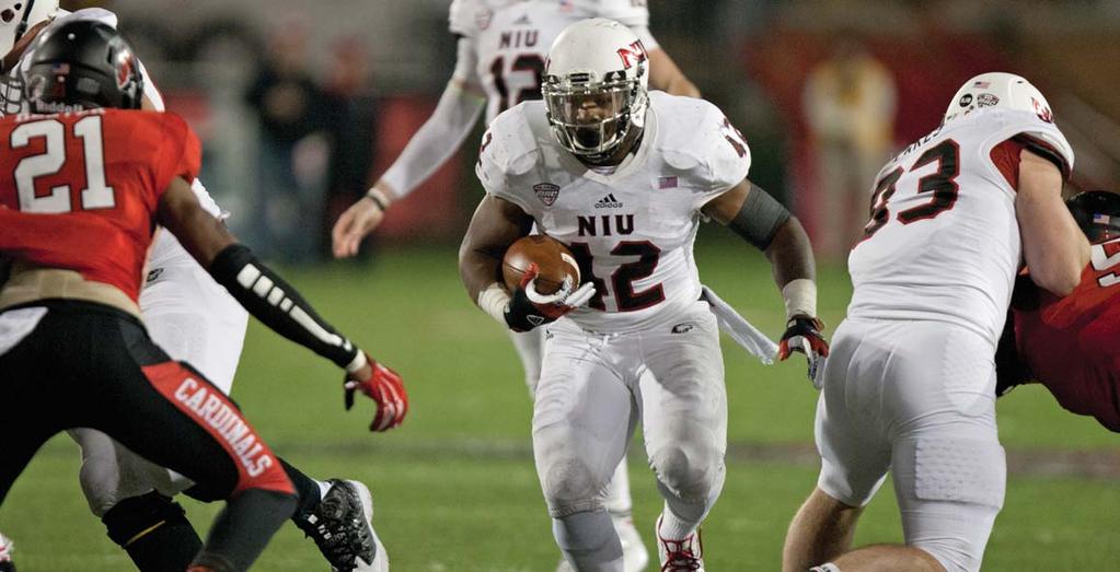 NIU HUSKIES FOOTBALL RECORDS RUSHING In 2014, Cameron Stingily became the irst running back to lead the Huskies in rushing since 2010; he gained 971 yards with 14 rushing scores.