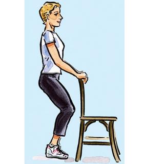 Challenge: 1) Stand with your feet hip-distance apart. Bend your knees and tuck your chin into your chest to roll down your spine, folding forward.