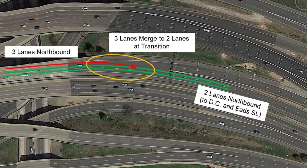 395 Express Lanes Design challenges: AM operations would require 3 to 2 lane merge under existing configuration Space and