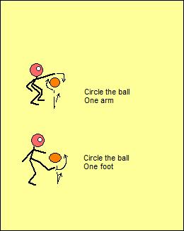 The player will have to get lower and lower as the ball bounces lower. Do it while circling arms in the other direction.