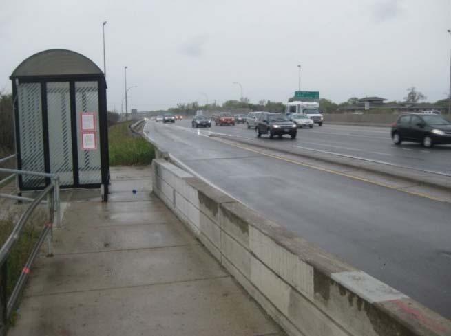 Bus stops along mainline shoulders Transit users access ped overpass