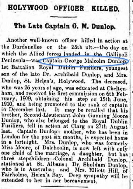 From the Belfast Newsletter dated 4th May 1915: Holywood Officer Killed The Late