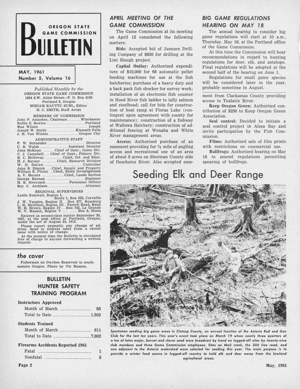 GAME OREGON S T A TE COMMISSION ULLETIN MAY, 1961 Number 5, Volume 16 Published Monthly by the OREGON STATE GAME COMMISSION 1634 S.W. Alder StreetP. 0.