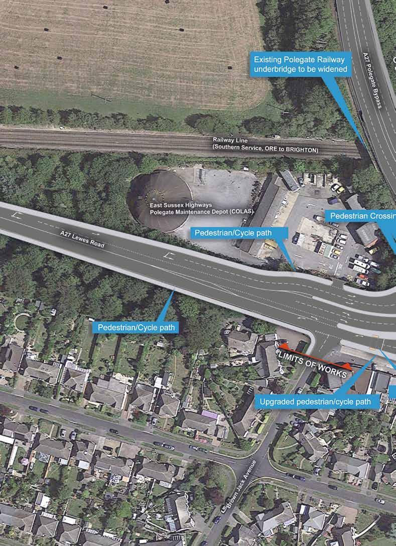 Partly reconfigure existing junction to improve turning arm and waiting time Introduce additional lane for southbound traffic turning right to A27; northbound traffic turning left to A27; and