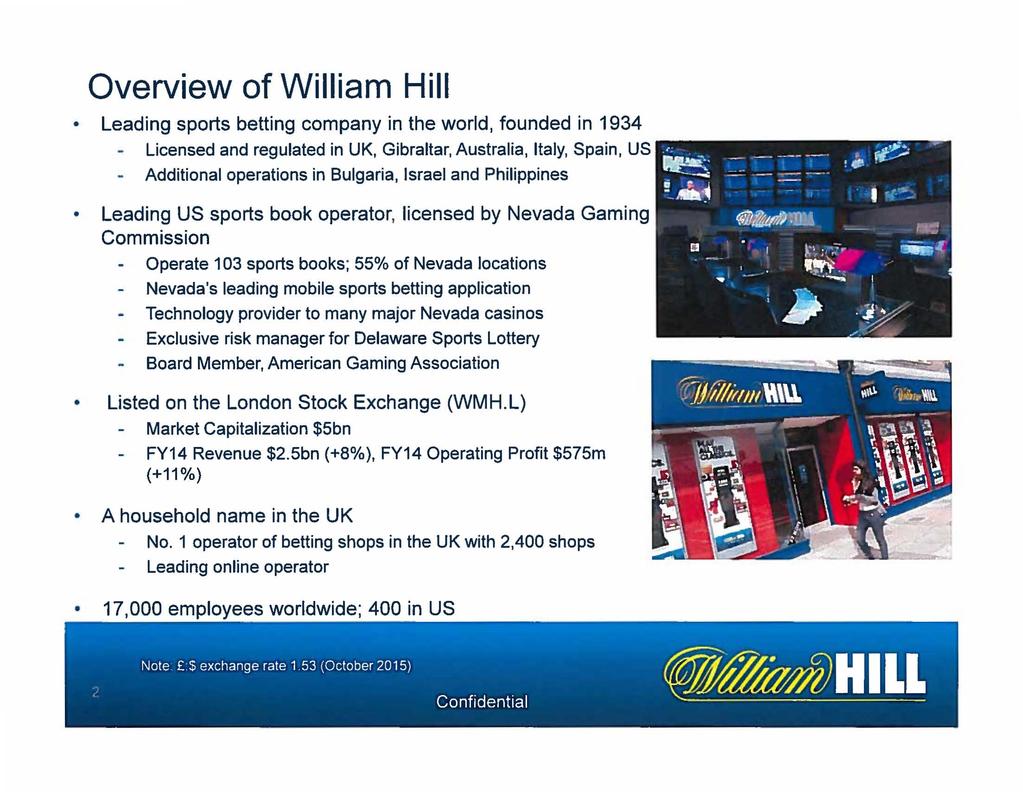 Overview of William Hill Leading sports betting company in the world, founded in 1934 Licensed and regulated in UK, Gibraltar, Australia, Italy, Spain, US - Additional operations in Bulgaria, Israel