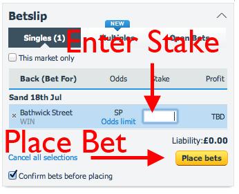 To place a back bet, click on the blue SP button for your selection.
