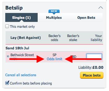 To place a lay bet, click on the pink SP button for your selection.