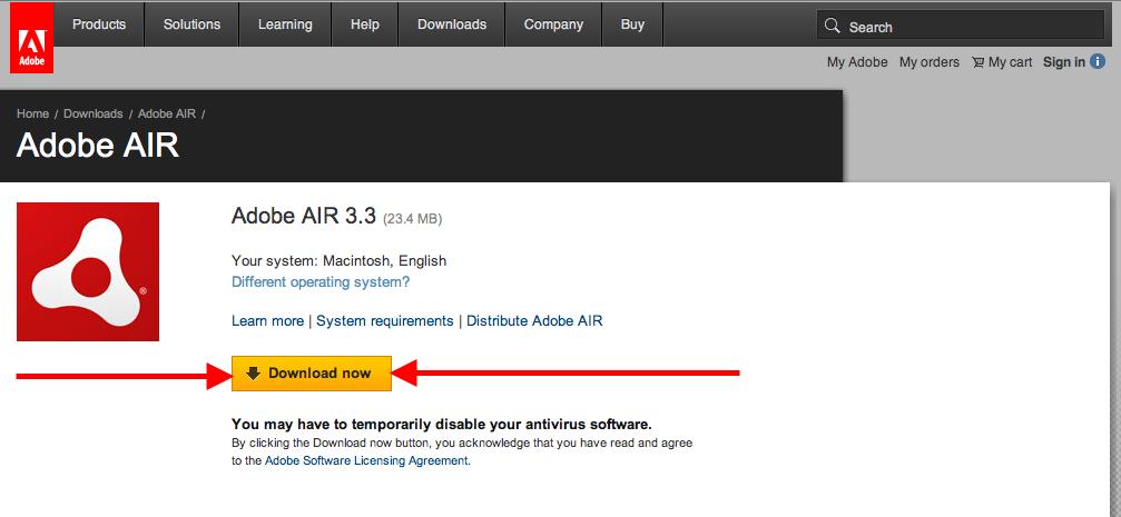 Installation To install the software you must first make sure that you have the latest version of Adobe Air. Please go to http://get.adobe.com/air/ in your web browser. You will see the screen above.