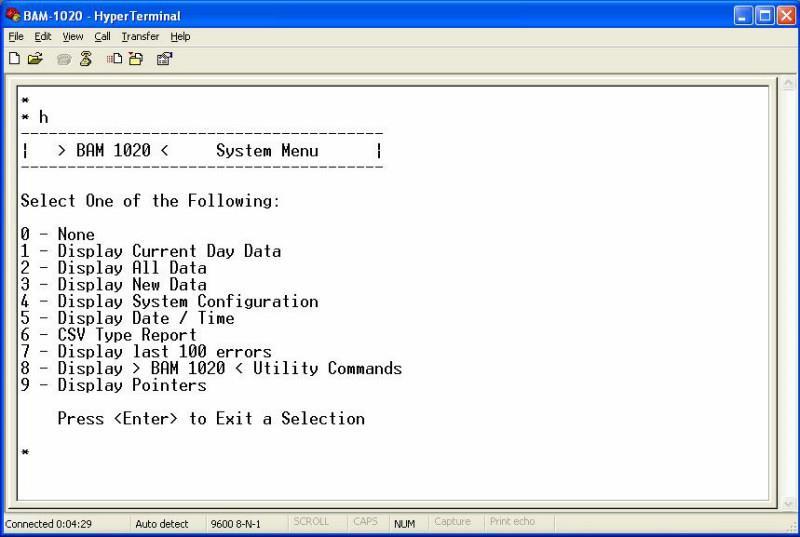 Figure 10-6. Once communication has been established with the BAM-1020, pressing the h key will display the System Menu, allowing the choice of several types of files to be downloaded. 7.