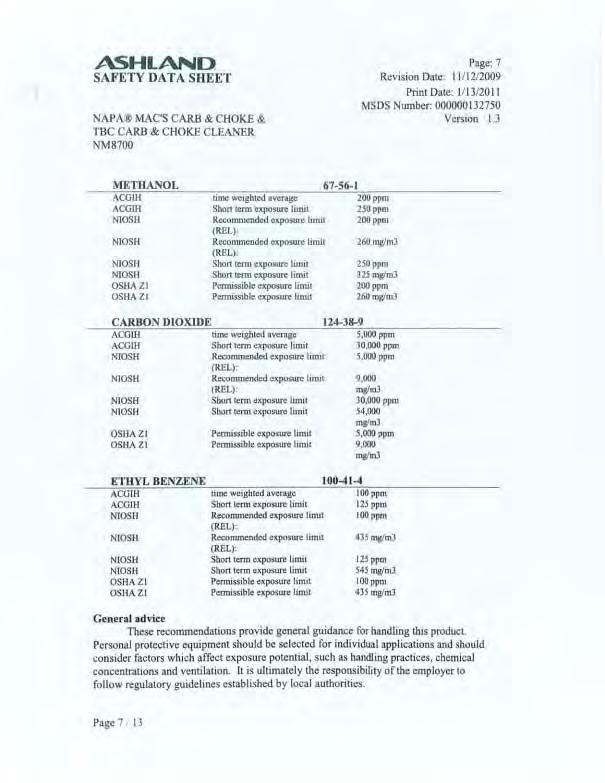 ASHLAND SAFETY DATA SHEET NAPA MAC'S CARB & CHOKE & TBC CARB & CHOKE CLEANER NM8700 Page: 7 Revision Date: 11 / 1212009 Print Date: 11131201 1 MSDS Number: 000000132750 Version 1.