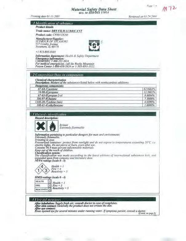 , Prllln"l1g dille 011' 1,200/ Material Safetv Data Sheet ace. to ISOItJ{S I IOU Rt!Vit!lO"ed (.In 1)),.'<) -' 0011 Product details Trad~ name: DRY FlBt LCBRICA.'t7 Product code: CYOOI UBJ6.'1.