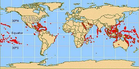The red dots on the map show the location of the world's coral reefs.