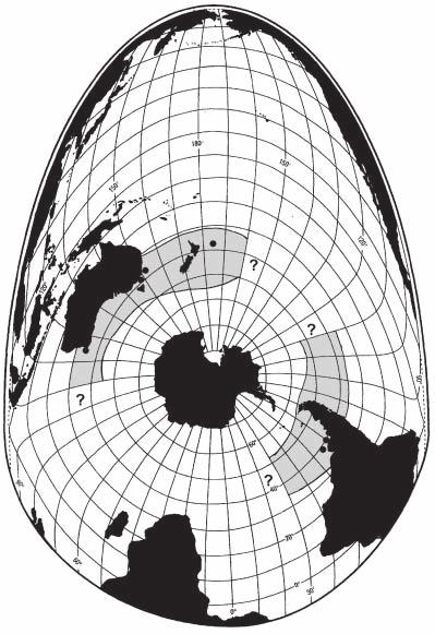 Figure 18. Northern giant petrel. Grey shaded areas are an assessment of the general distribution range for the bulk of the population.