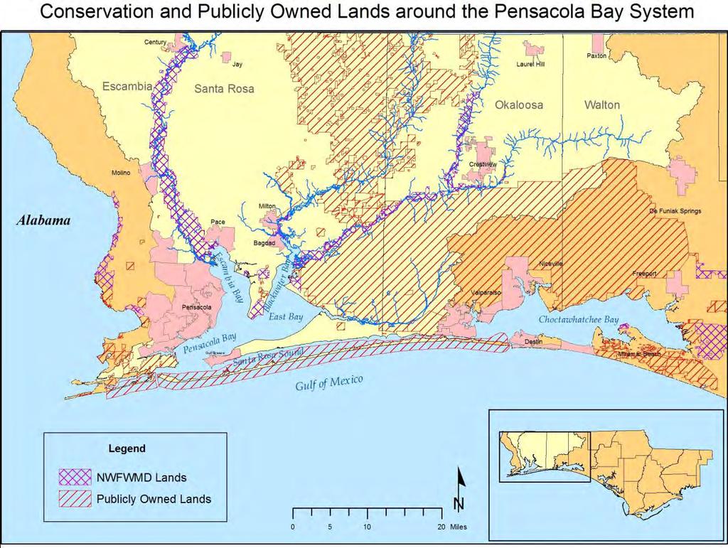 agriculture and wetlands to the west (Garcon Point), and residential to the north and south associated with the town of Milton and the Gulf Breeze peninsula.