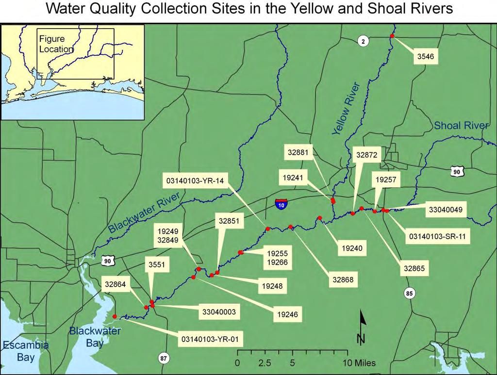 3.5.2 Riverine Areas To examine the influence of freshwater inflows to the estuary, water quality characteristics were obtained from the Florida STORET database for a series of 22 sites throughout