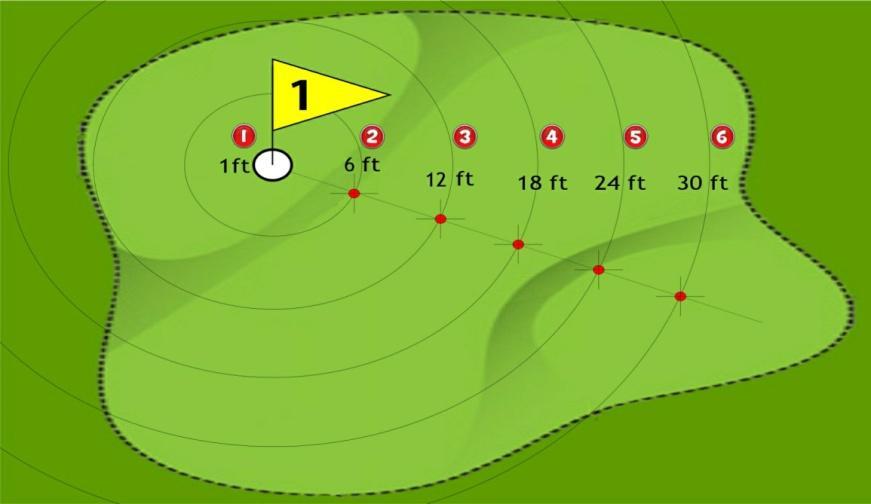 PUTTING Determine the distance your ball is from the hole 1. Place the Under 30ft putting GREENS card in front of you as shown below and Roll all [6] Colored D6! 2.