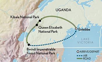 Itinerary Day 1: Arrive Entebbe, Uganda Arrive at Entebbe Airport and then transfer the short distance to the Protea Hotel, 10 mins by car. The Protea Hotel overlooks Lake Victoria.